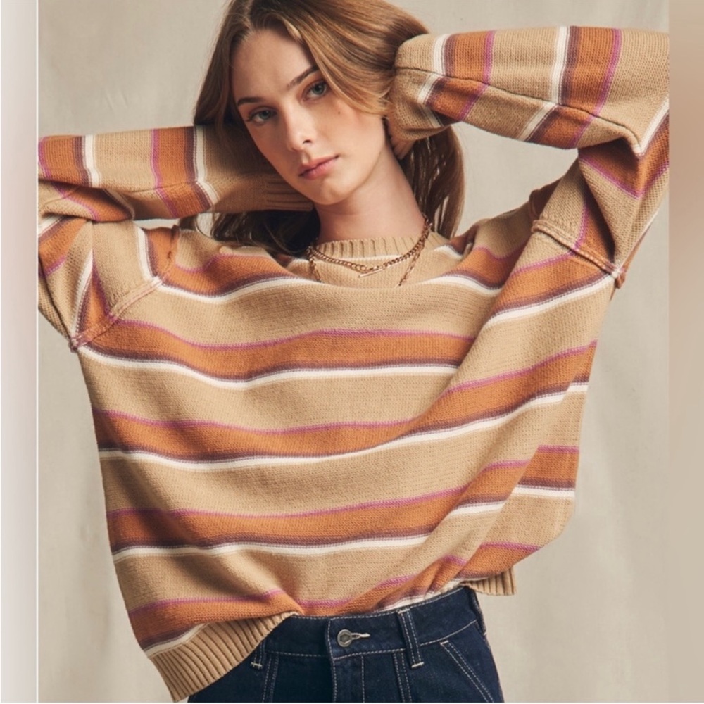 RSQ Women’s Stripe Oversized Brown Crewneck Sweater Size S
